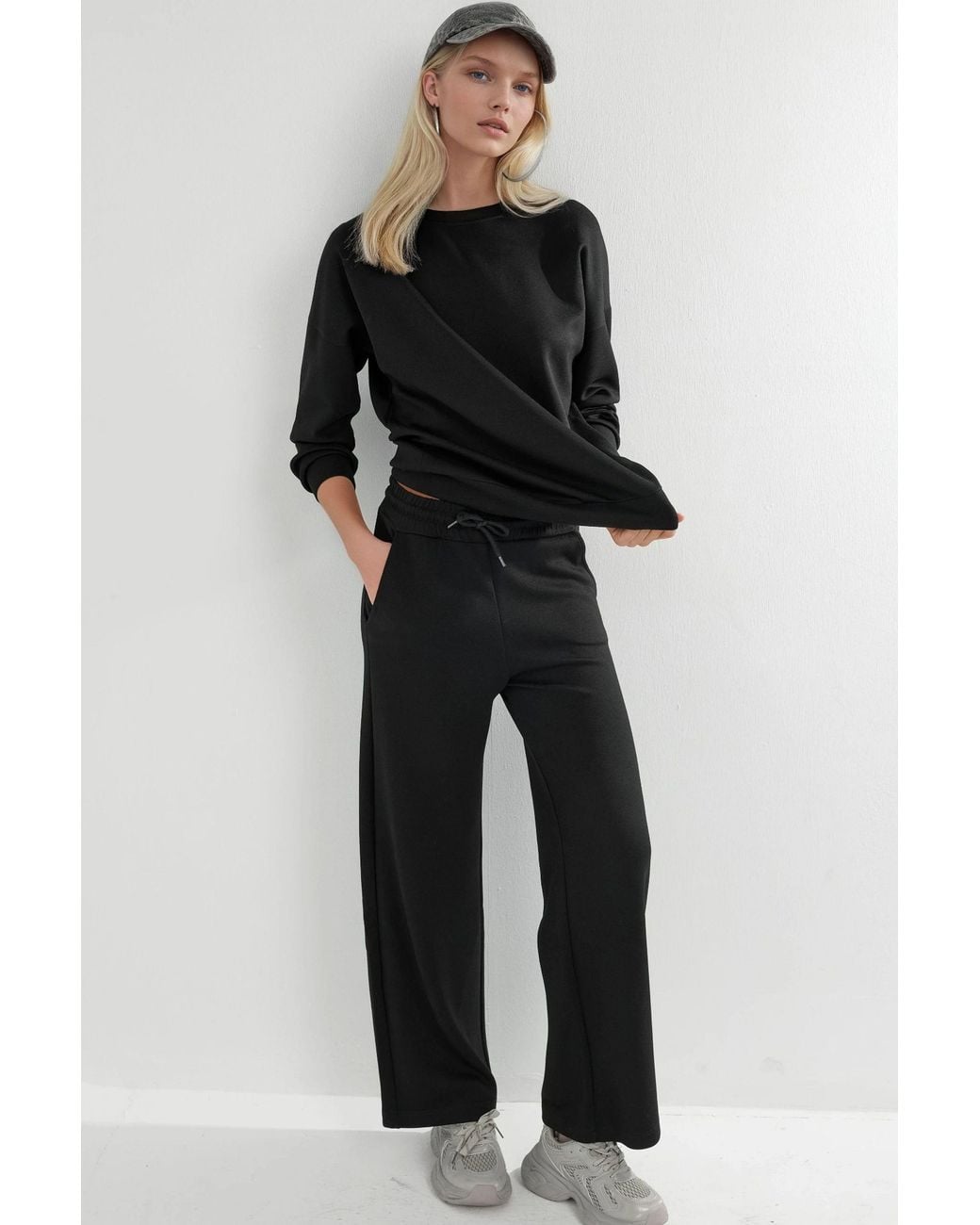 Hiccup Black Modal Touch Crew Neck Sweatshirt & Wide Leg Pants Two-Piece Set