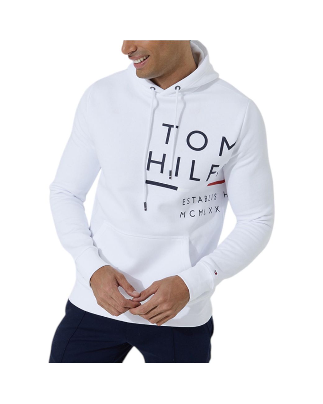 Tommy Hilfiger Gray Fleece Hoodie Wraparound Logo Pullover Hooded Crew Neck Top for men