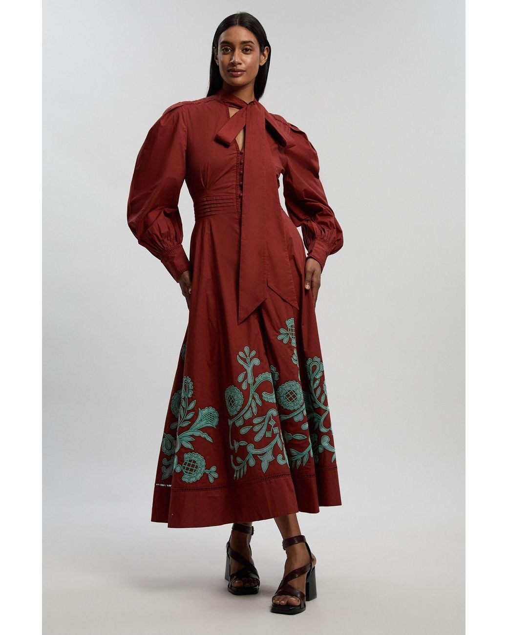 Karen Millen Red Cotton Border Cutwork Maxi Dress With Ladder Lace Trim
