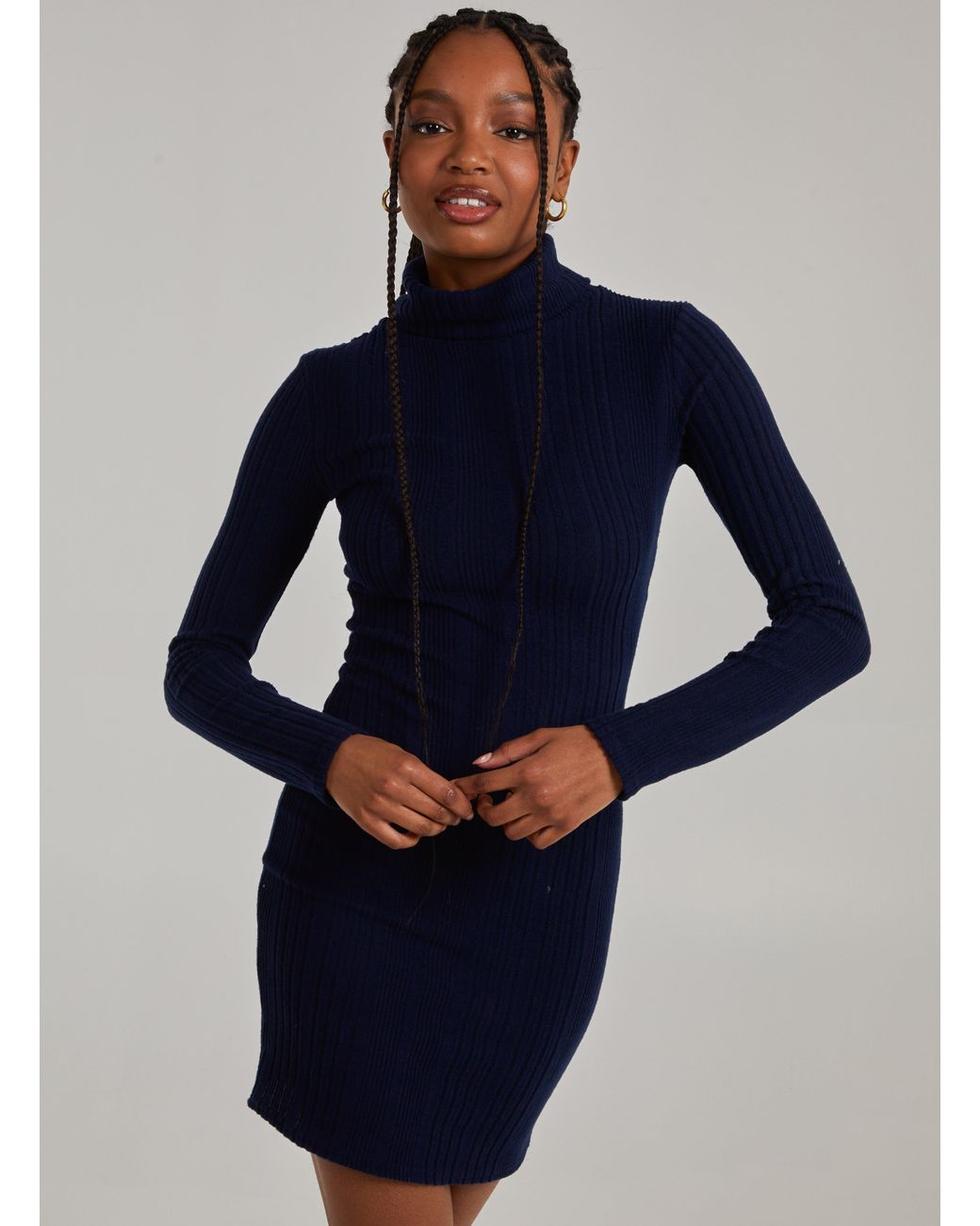 Pink Vanilla Blue Chunky Brushed Rib Roll Neck Dress
