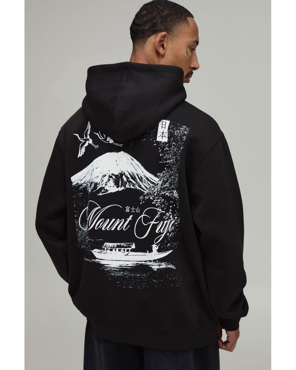BoohooMAN Black Oversized Mount Fuji Graphic Hoodie Cotton for men