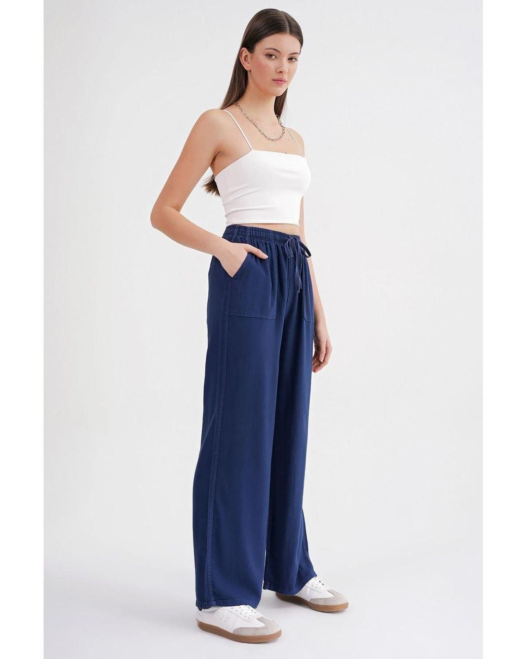 MixRay Blue Mid Waist Straight Leg Cotton Pants With Tie Closure