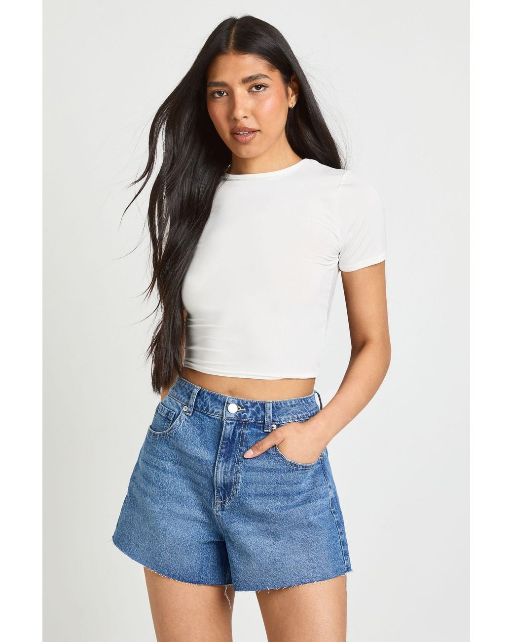 Boohoo Blue Tall Slinky Basic Short Sleeve Crop Top