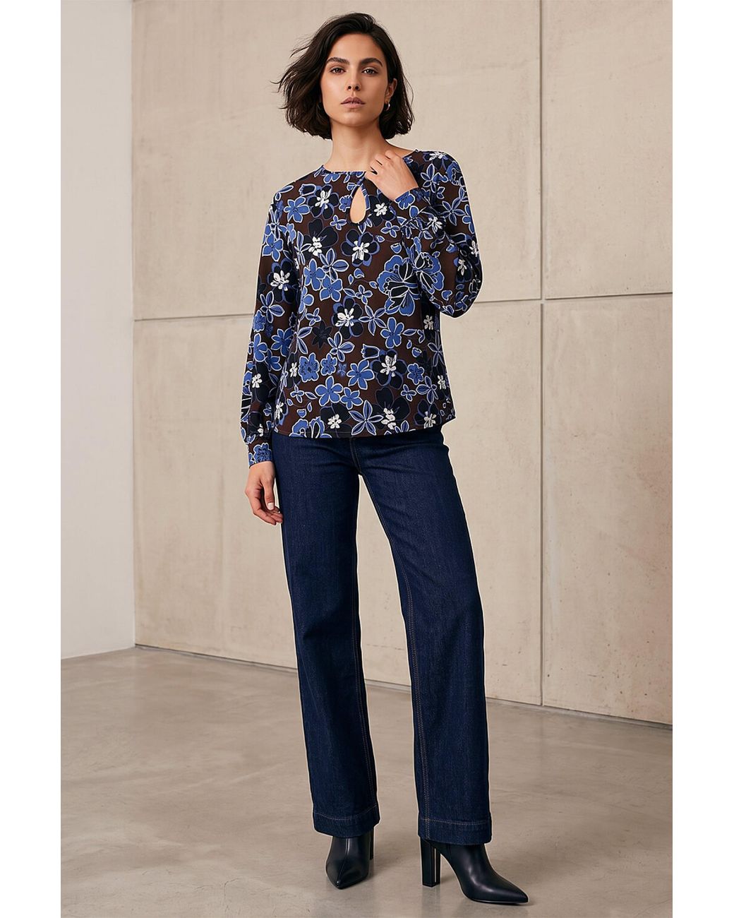 Roman Blue Floral Puff Print Keyhole Top