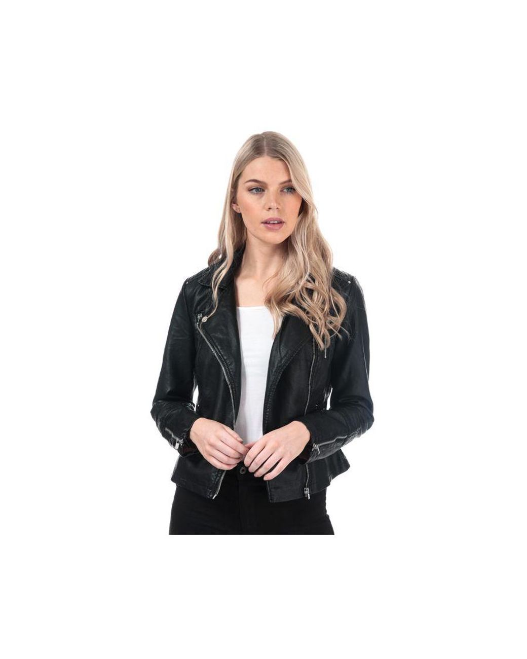 ONLY S Gemma Faux Leather Biker Jacket in White | Lyst UK