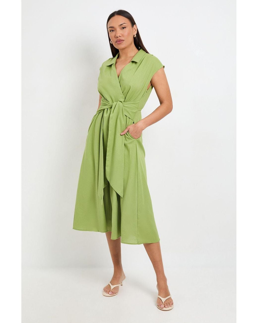 PRINCIPLES Green Linen Blend Belted Midi Dress
