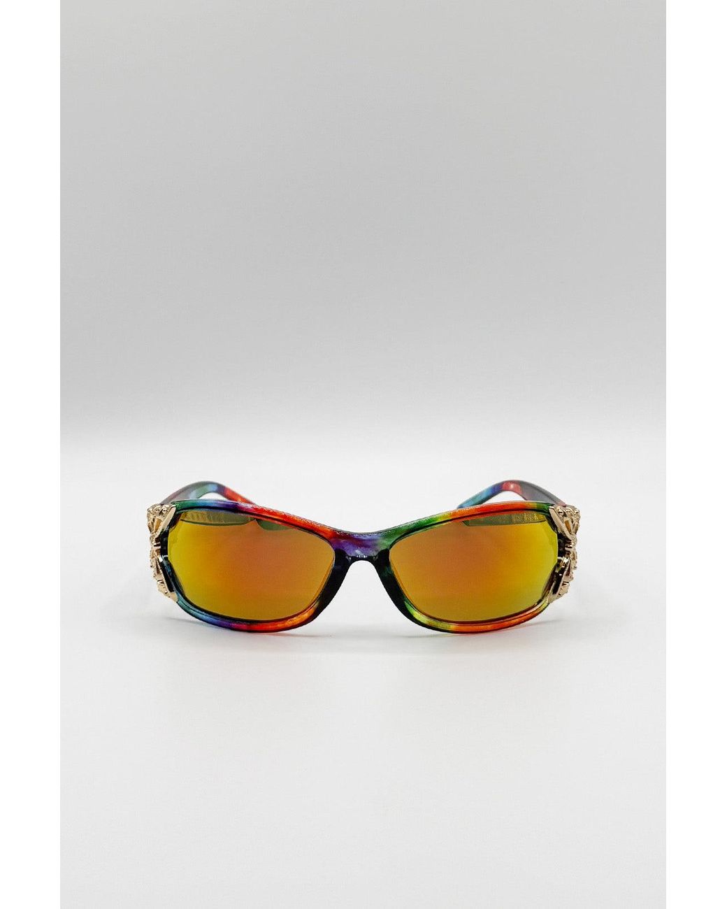 SVNX Brown Vintage Wrap Around With Butterfly Detail Sunglasses