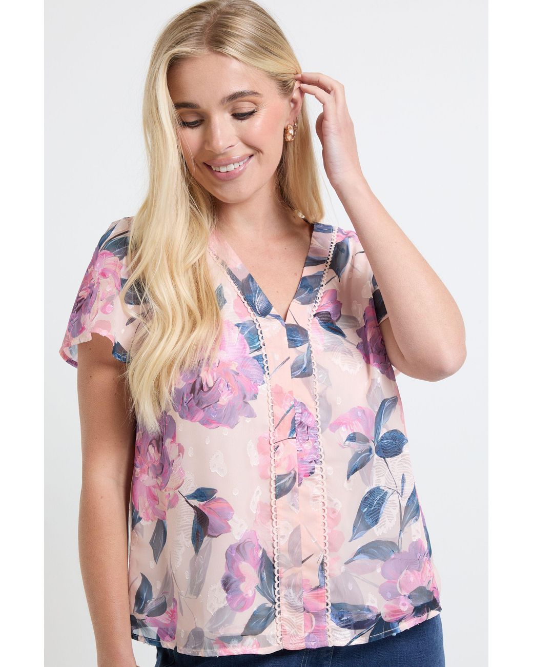 Wallis Pink Petite Floral Burn Out Lace Insert Blouse