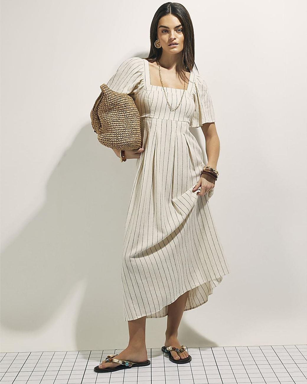 River Island Natural Midi Dress Stripe Linen Blend Shirred