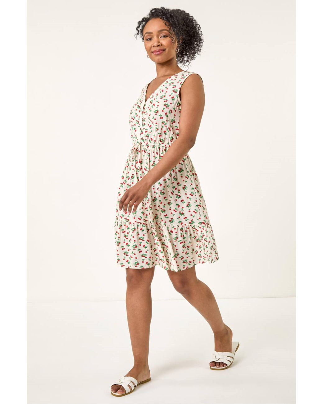 Roman White Petite Cherry Tie Waist Dress