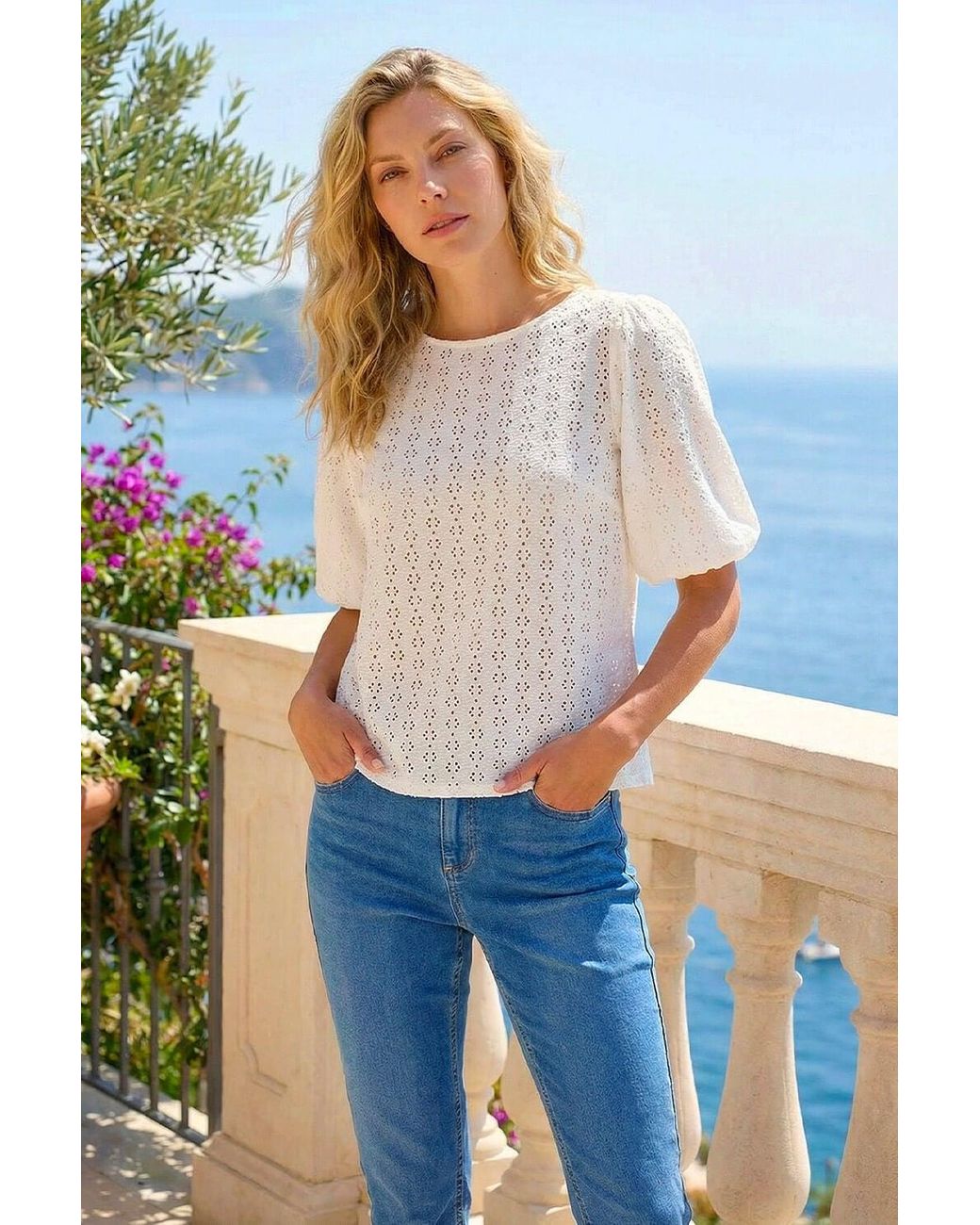 Roman White Broderie Puff Sleeve Top