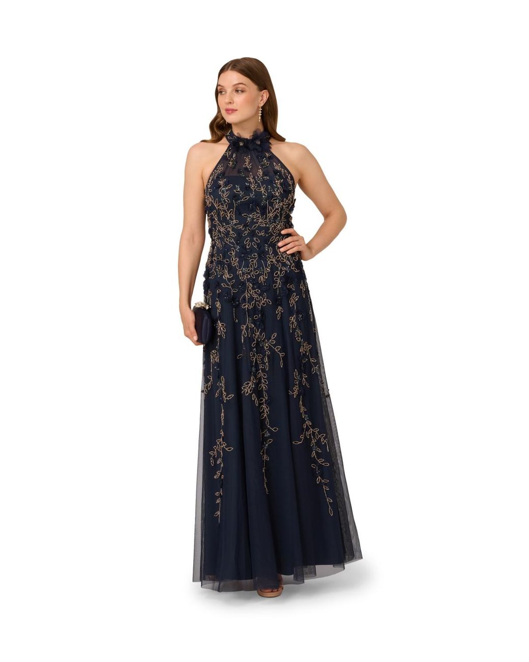 Adrianna Papell Blue Beaded Petal Long Dress