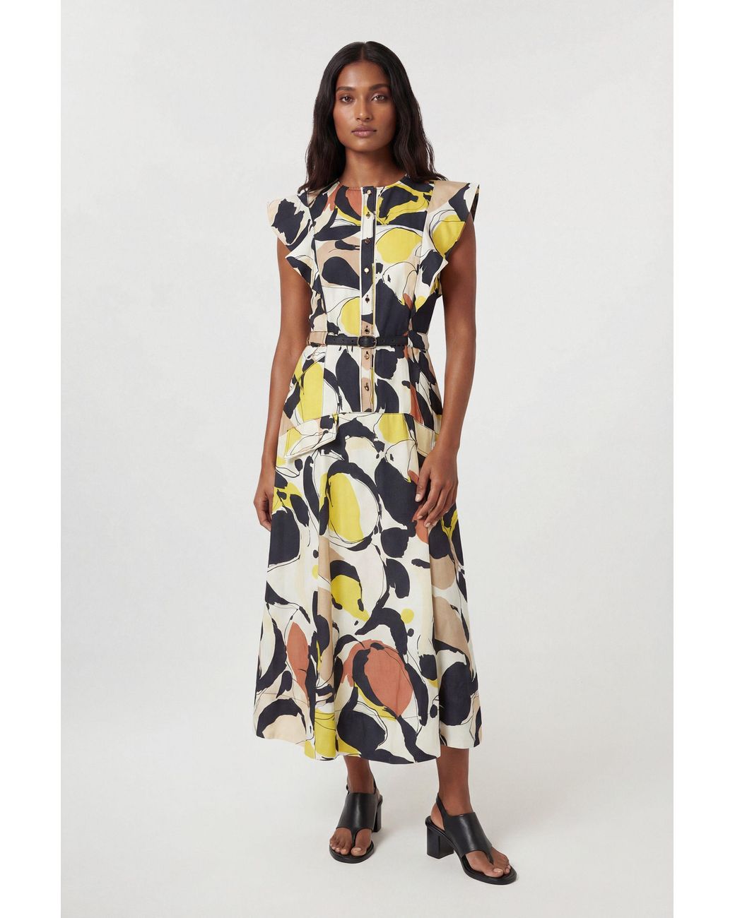 Karen Millen White Abstract Print Viscose Linen Woven Ruffle Sleeve Midi Dress
