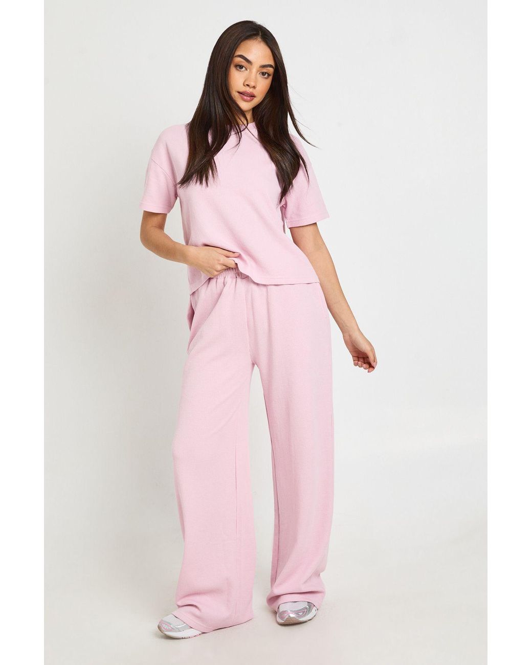 Boohoo Pink Waffle Straight Leg Trouser