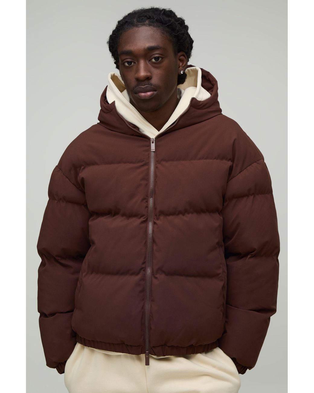 BoohooMAN Brown Essential Regular Fit Midweight Padded Hooded Puffer Jacket for men