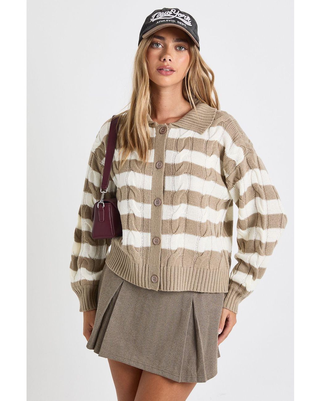 Boohoo Natural Stripe Collared Knit Cardigan