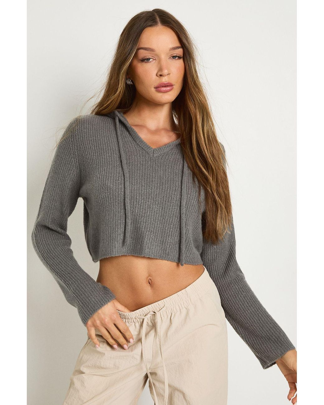 Boohoo Gray Hooded Knit Jumper