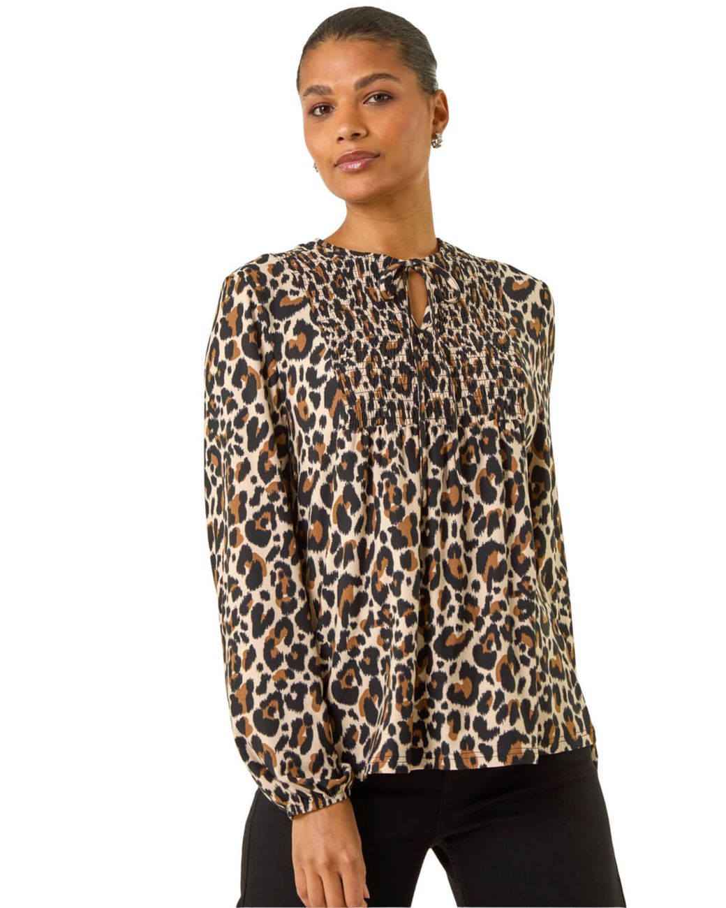 Roman Black Animal Print Shirred Tie Neck Top