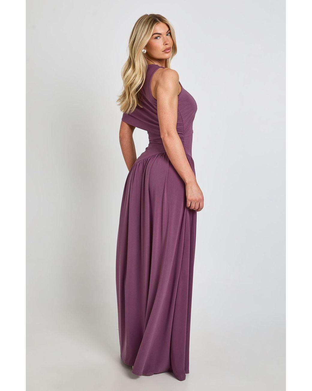 Boohoo Purple Slinky Asym Neck Ruched Detail Maxi Dress
