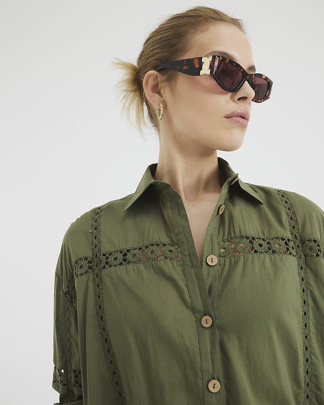 River Island Green Shirt Long Sleeve Lace Detail Collared Cotton