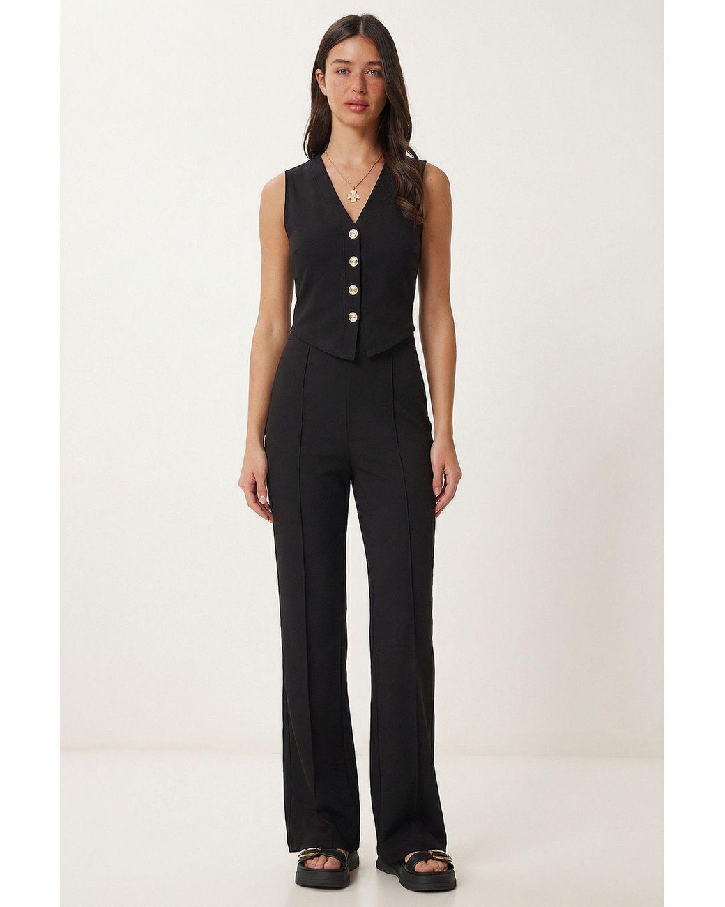 Happiness İstanbul Blue High Waist V-Neck Button-Up Wide Leg Co-Ord Set