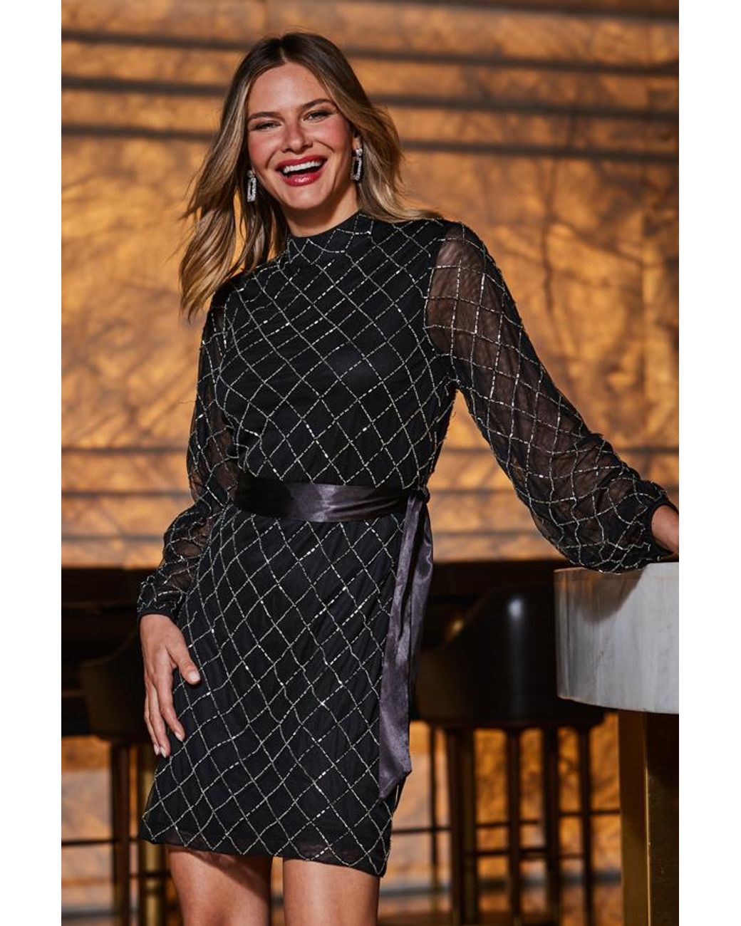 Sosandar Brown Geometric Embellished Belted Shift Dress
