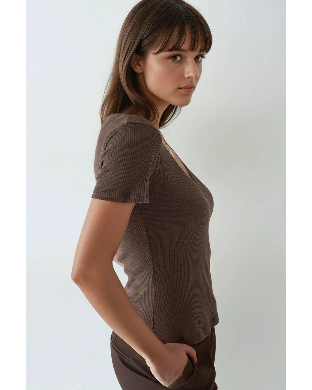 Busem Brown V-Neck Blouse With Lace Detail