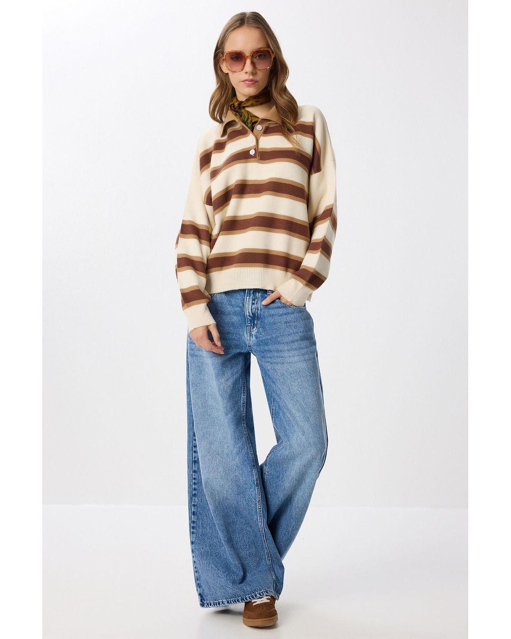 Happiness İstanbul Blue Striped Sweater With Polo Collar