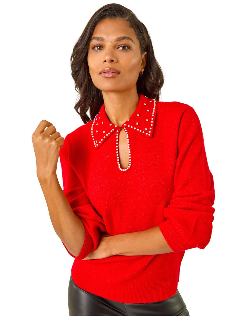 Roman Faux Pearl Collared Keyhole Knit Jumper