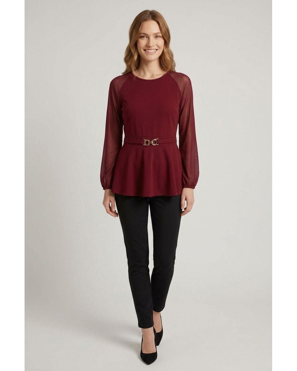 Izabel London Red Belt Detail Semi Sheer Peplum Top