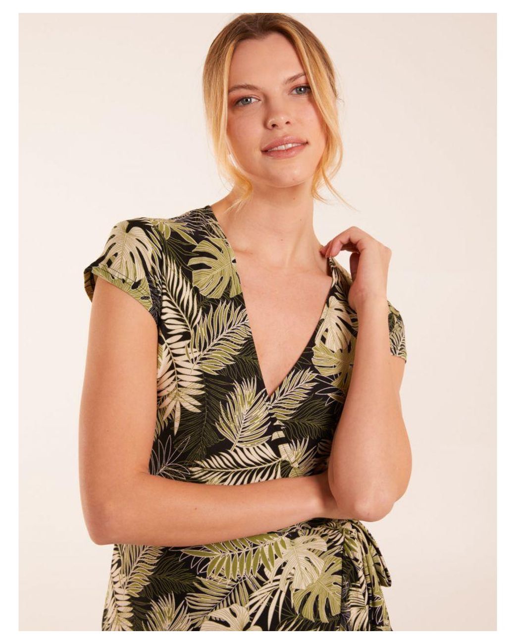 Blue Vanilla Natural Tropical Print Wrap Front Midi Dress