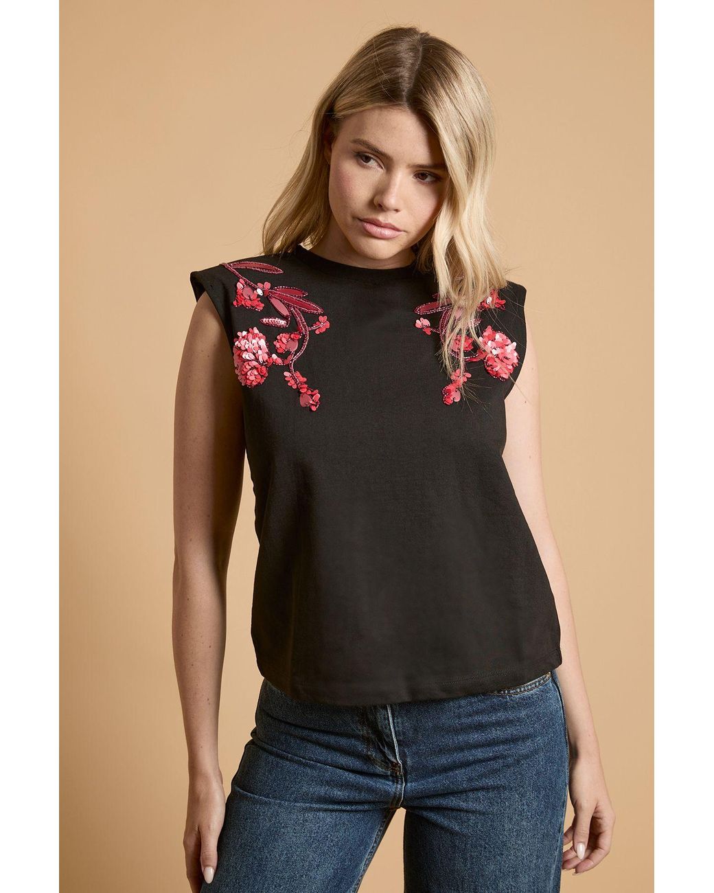 Oasis Black Embellished Shoulder Pad Vest Top