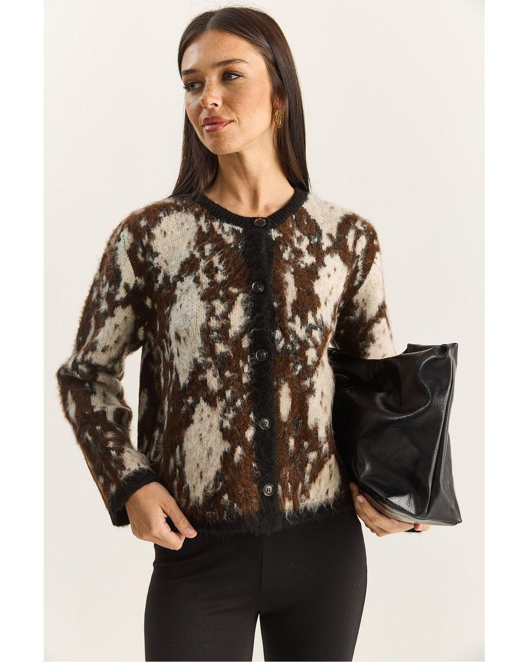 Bianco Lucci Black Jacquard Patterned Long Sleeve Button Cardigan