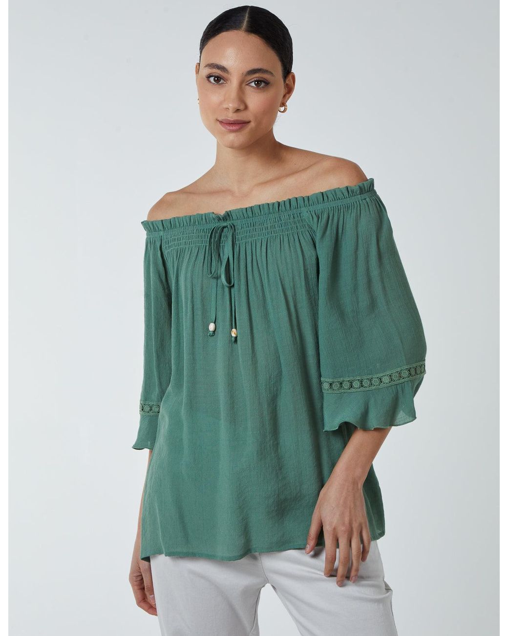 Blue Vanilla Green Bardot Tie Front Top