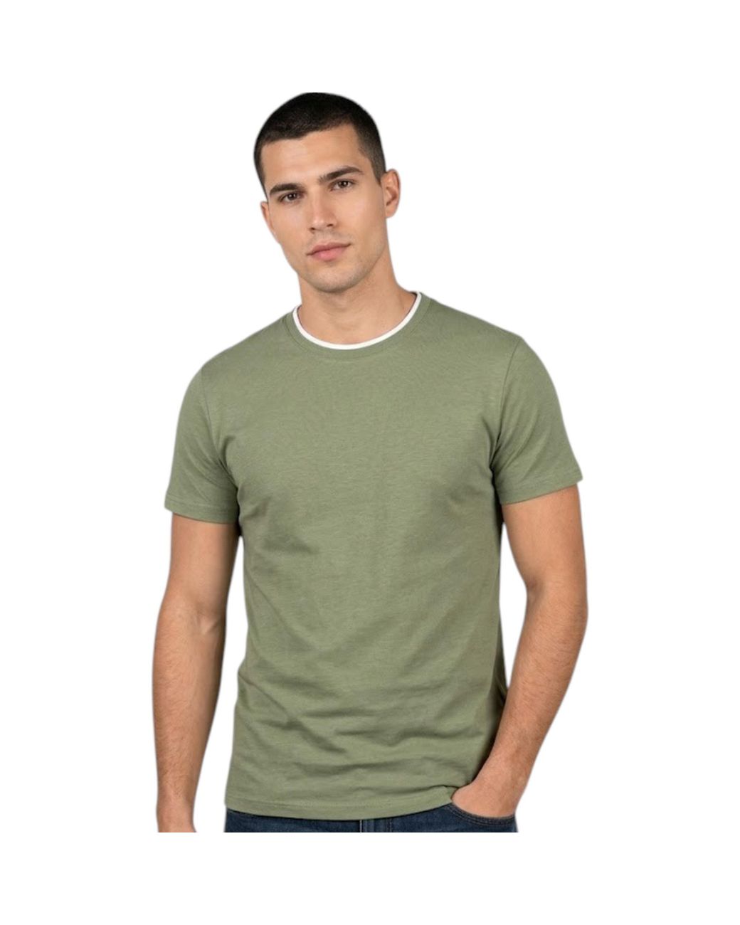 Other Green T Shirts Short Sleeve Layered Collar Crew Neck Summer Basic Tee Pullover for men