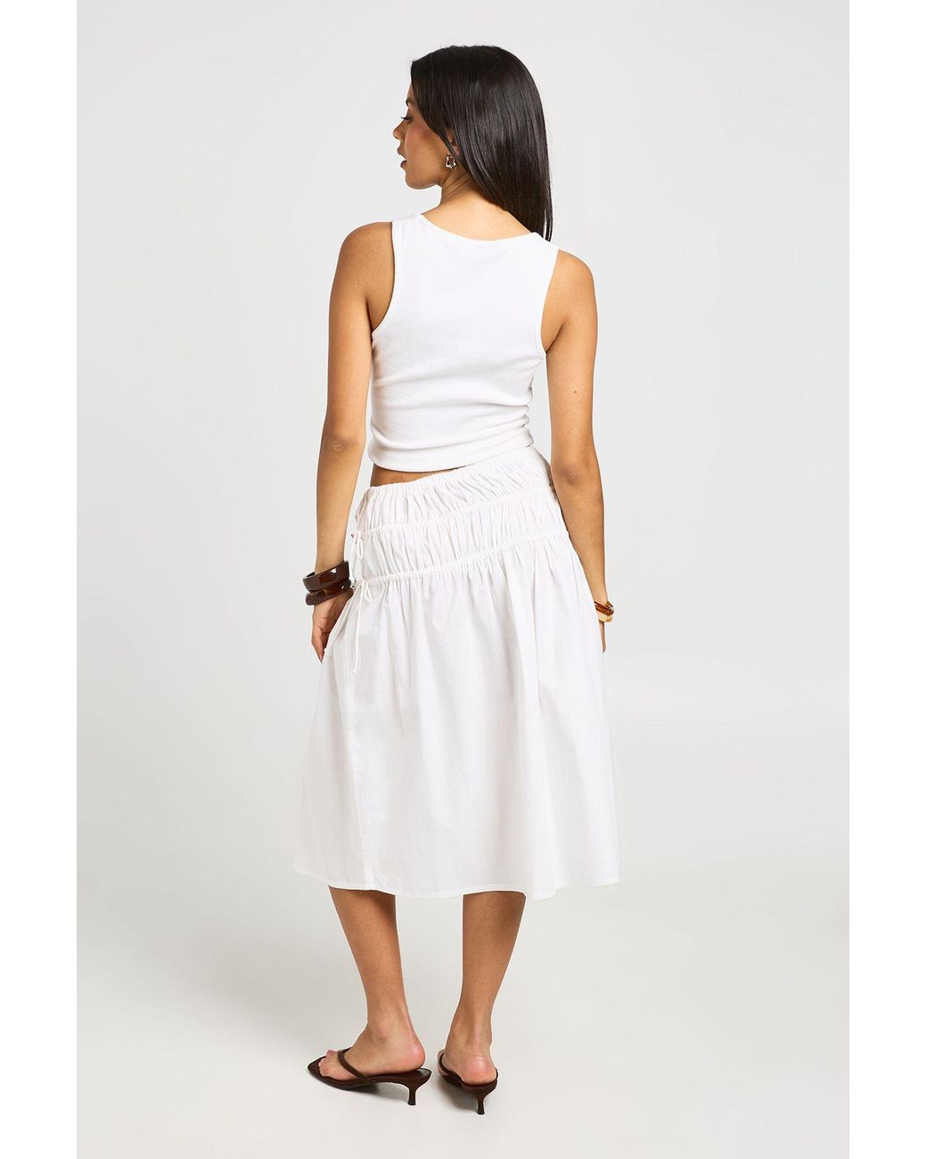 Boohoo White Poplin Shirred Waist Midi Skirt