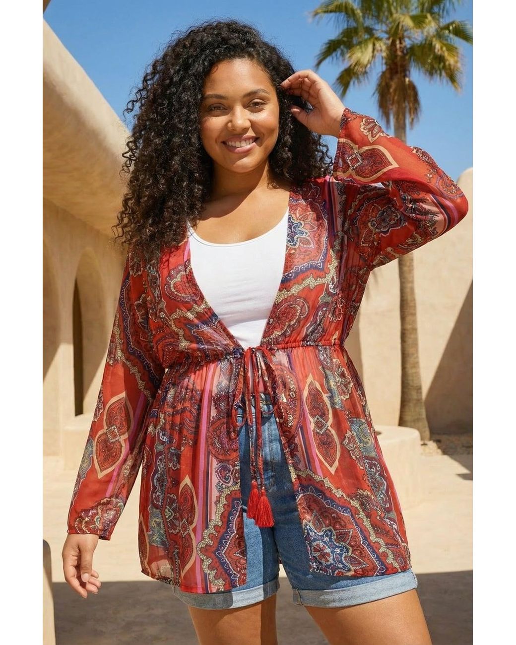 Roman Red Curve Paisley Tie Front Kimono
