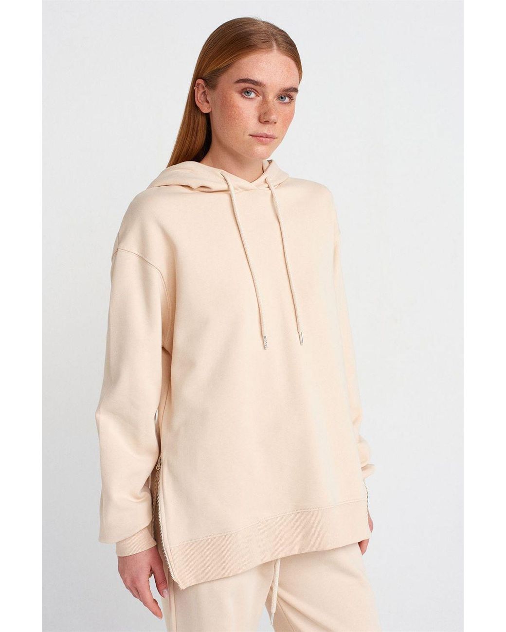 Dilvin Natural Oversized Cotton Zip-Front Hooded Sweatshirt