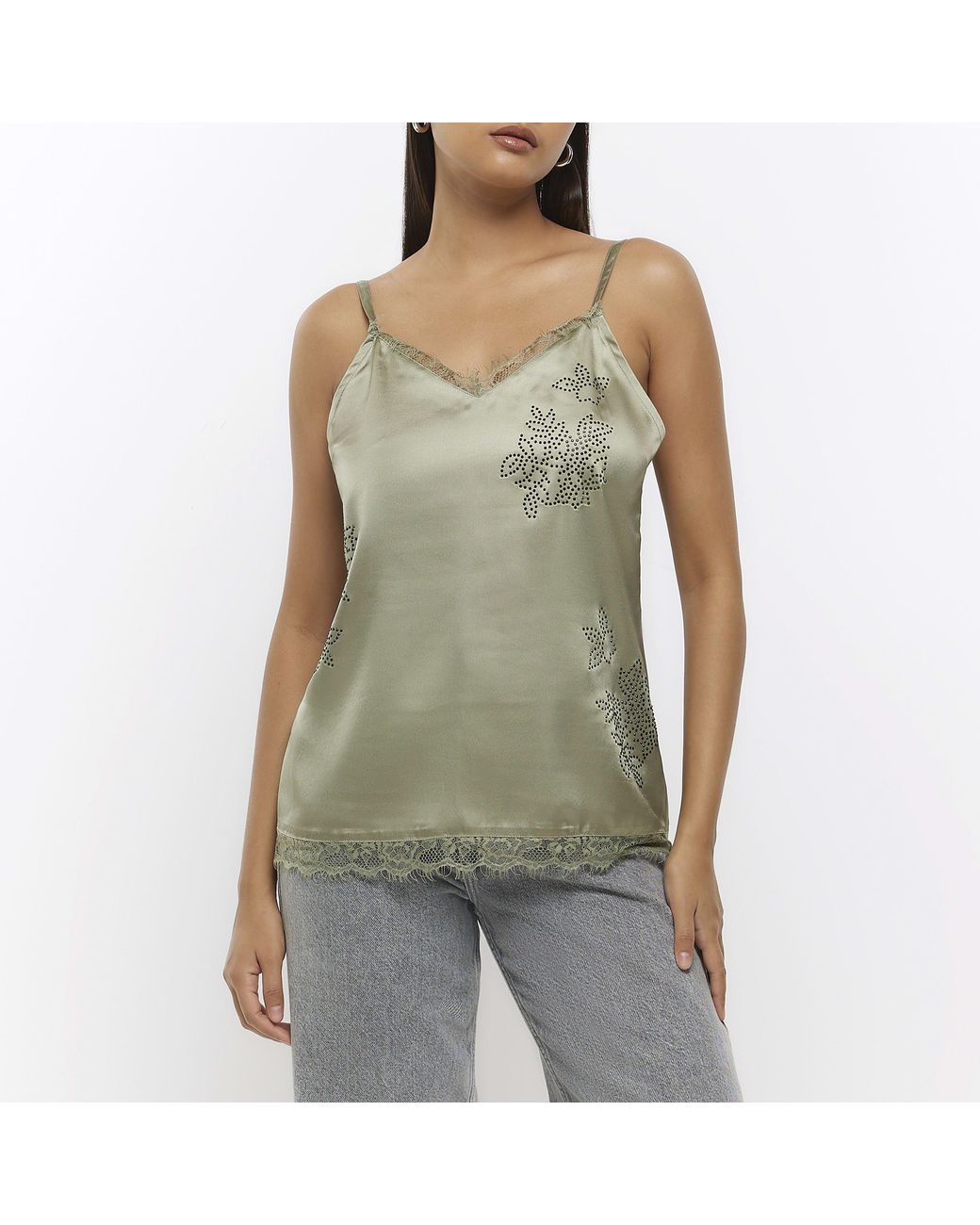 River Island Green Cami Top Satin Diamante