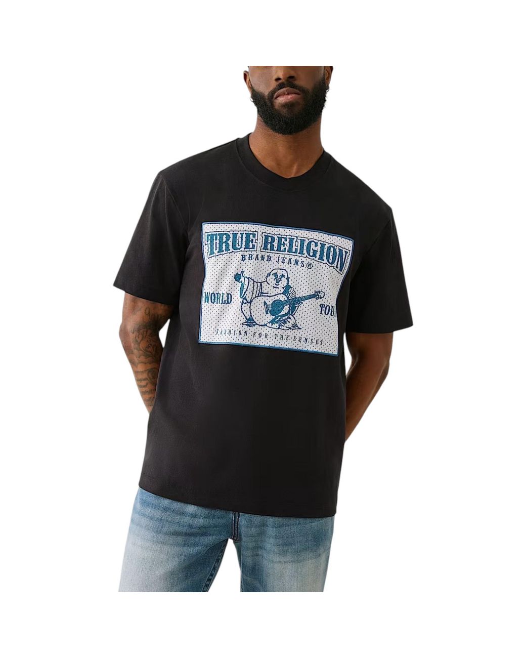 True Religion Black T Shirts Mesh Srs Logo Crew Neck Summer Soft Cotton Tee for men