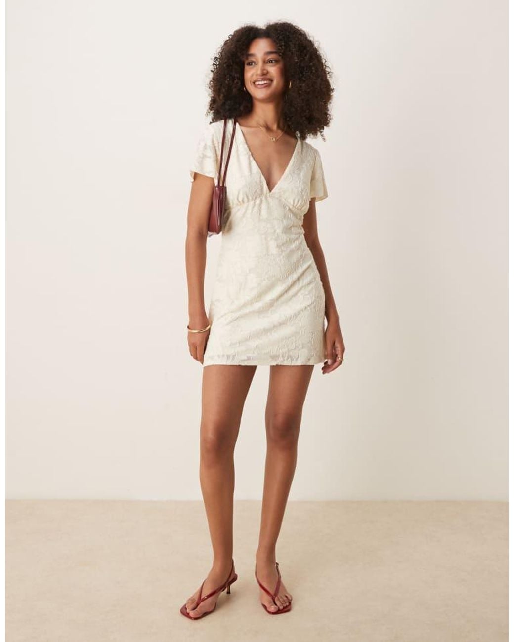 ASOS Natural Flutter Sleeve V Neck Mini Dress