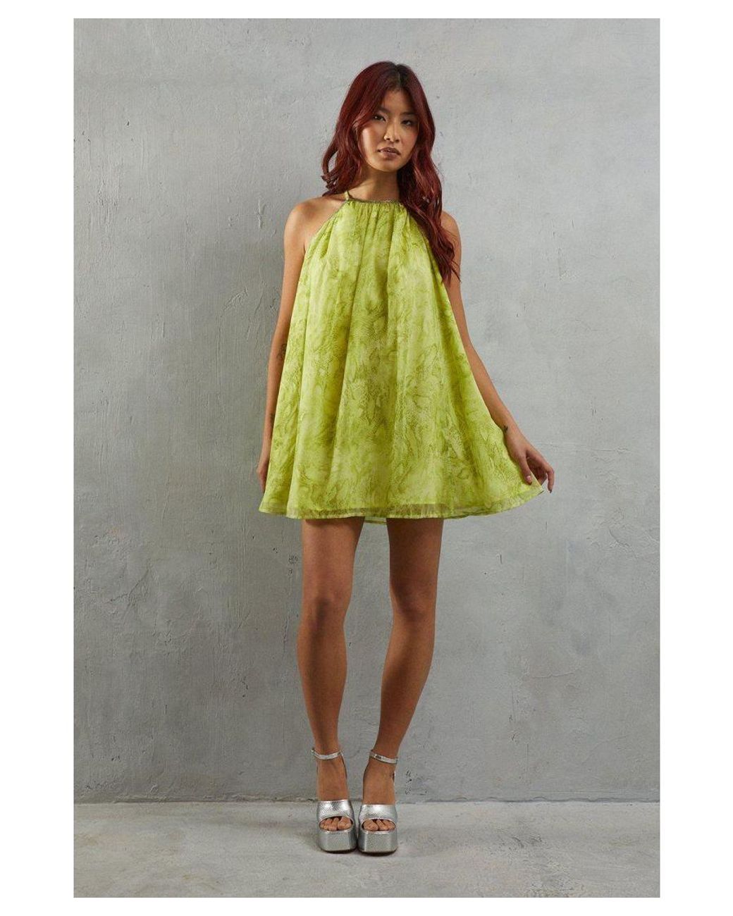 Warehouse Embellished Chiffon Snake Print Halter Mini Dress in Green Lyst UK