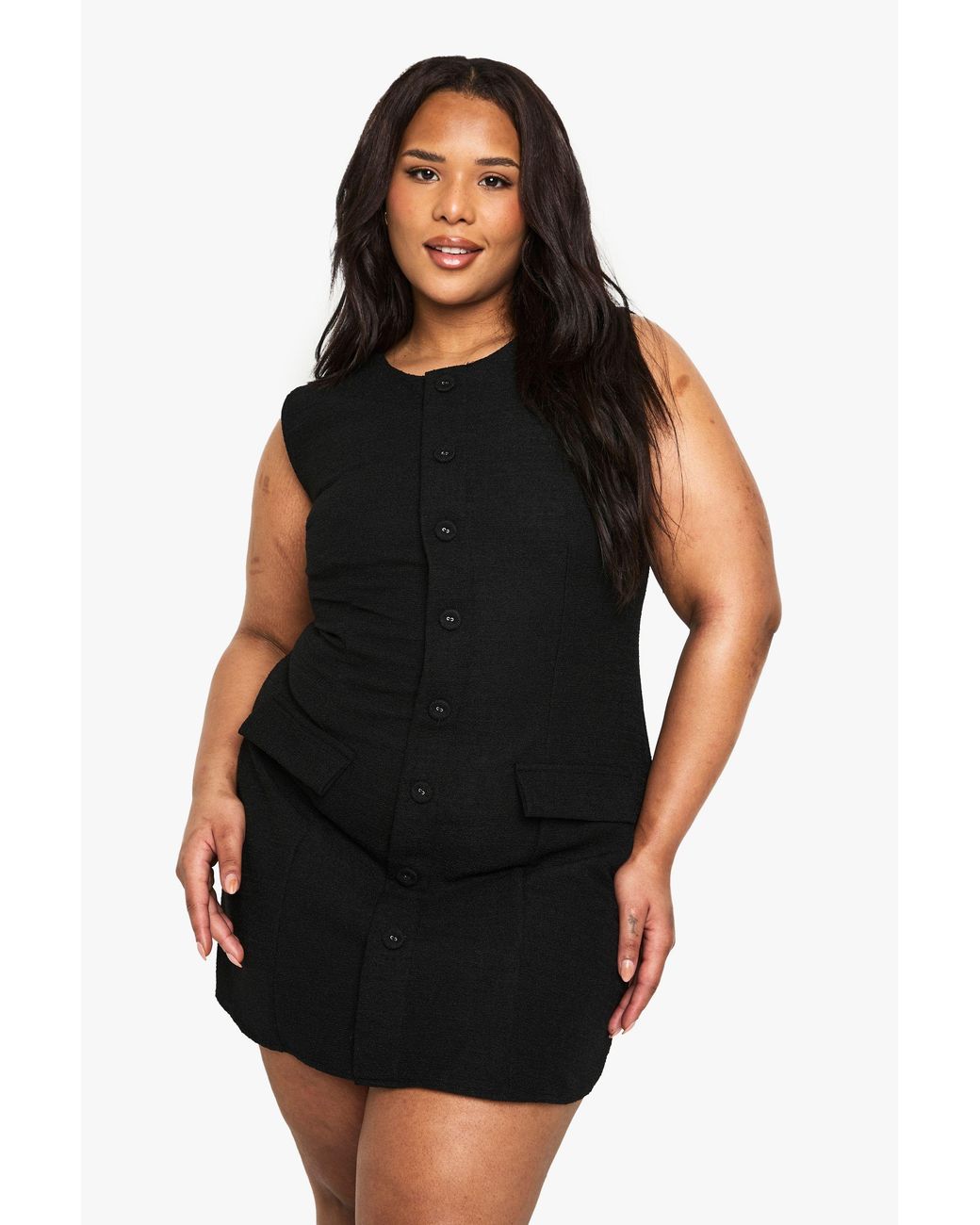 Boohoo Black Plus Boucle Button Front Tailored Mini Dress