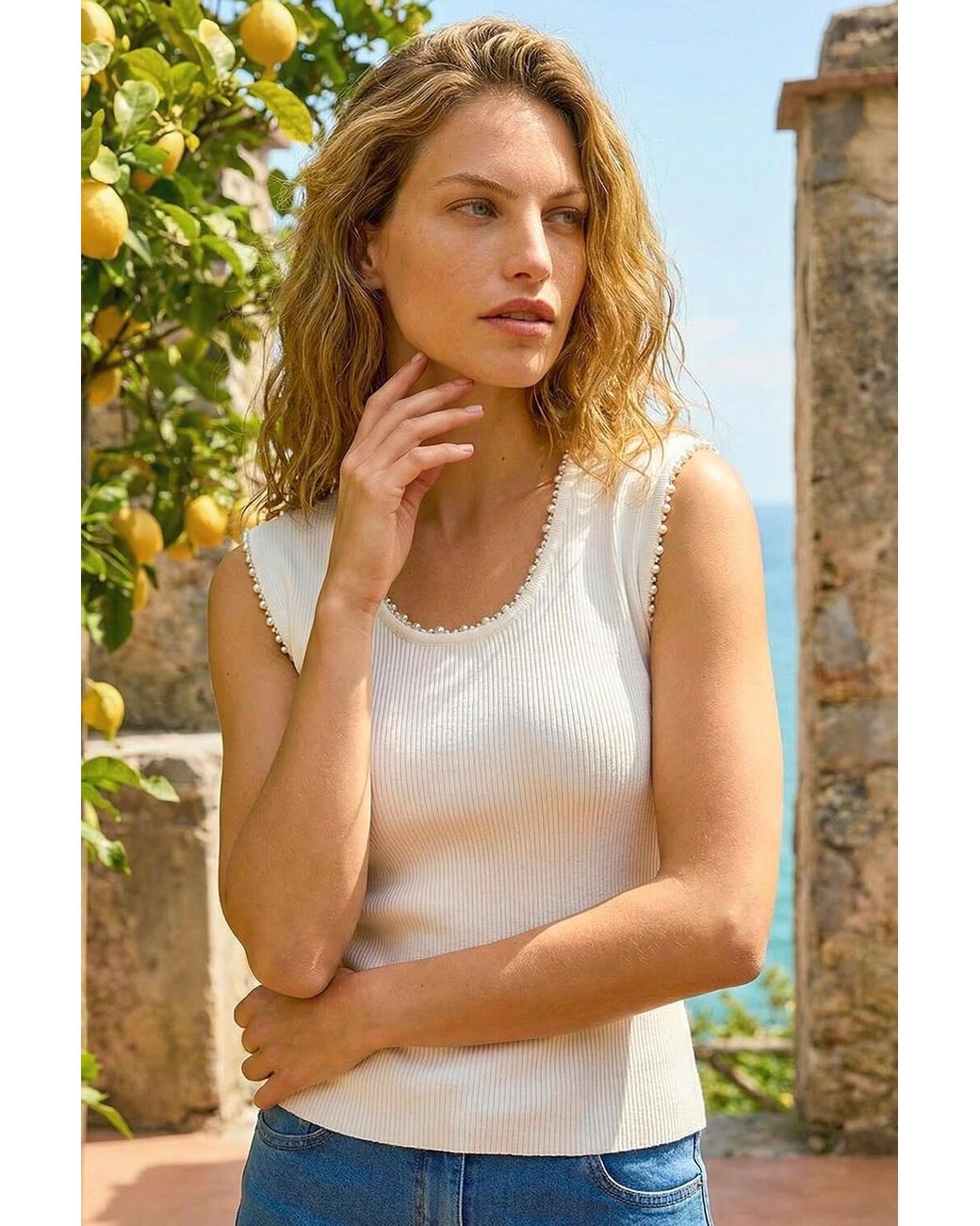 Roman White Faux Pearl Trim Top