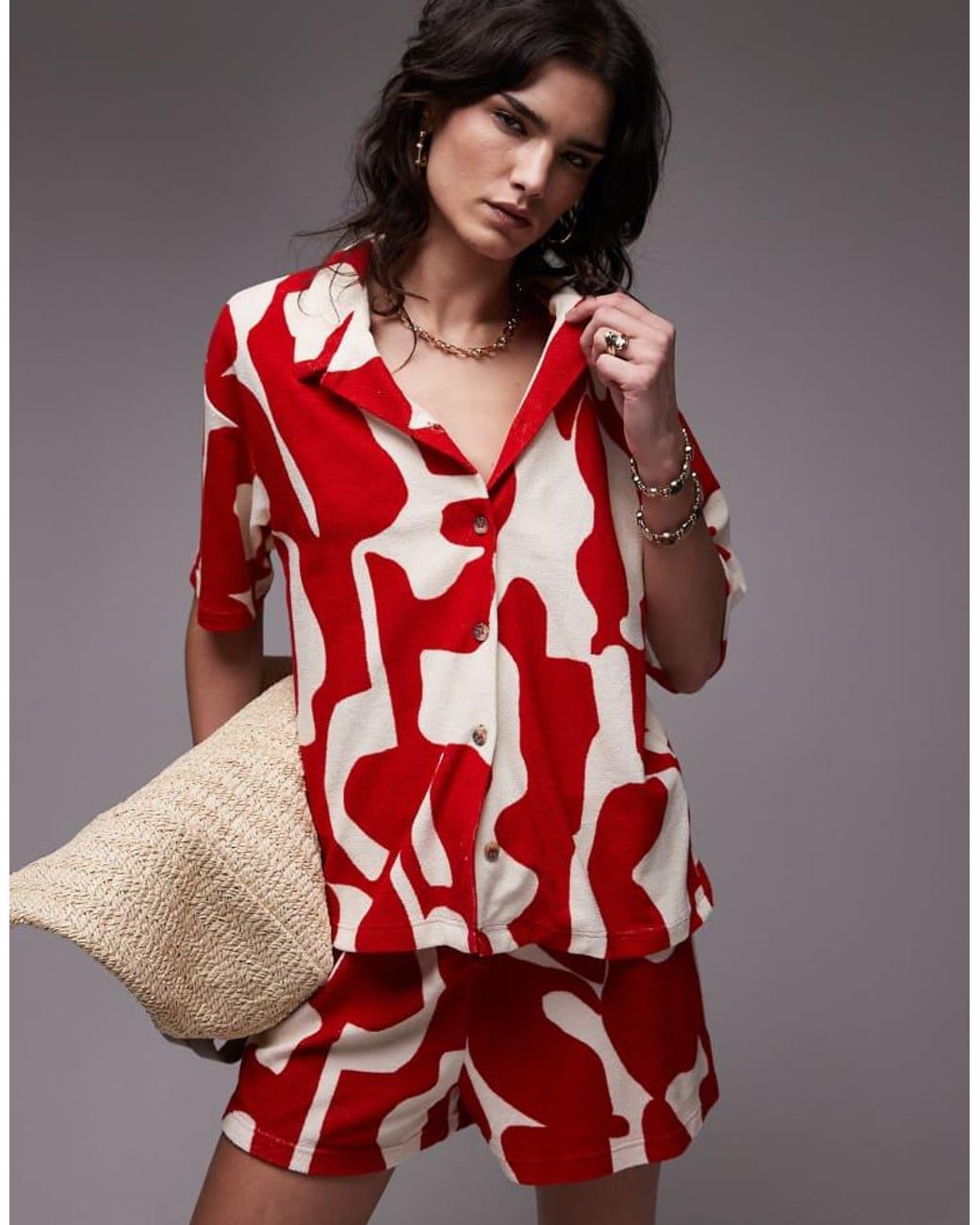 TOPSHOP Red Abstract Print Towelling Shorts Co-Ord