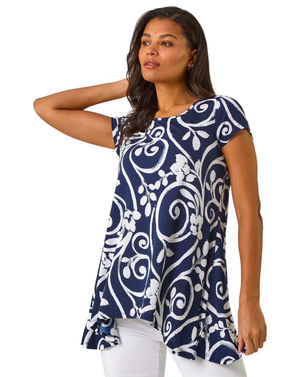 Roman Blue Floral Print Hanky Hem Tunic Top