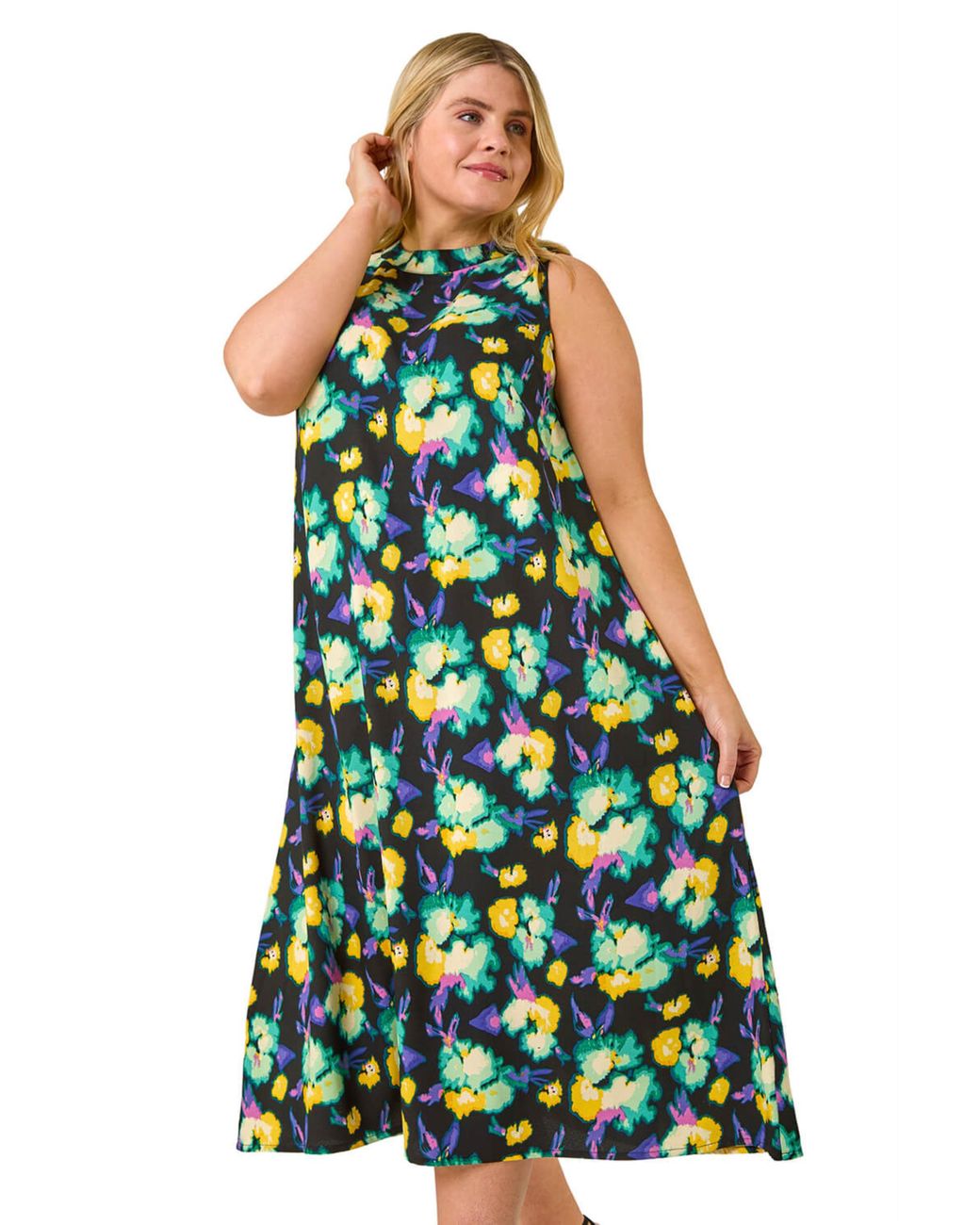 Roman Blue Curve Highneck Floral Midi Dress