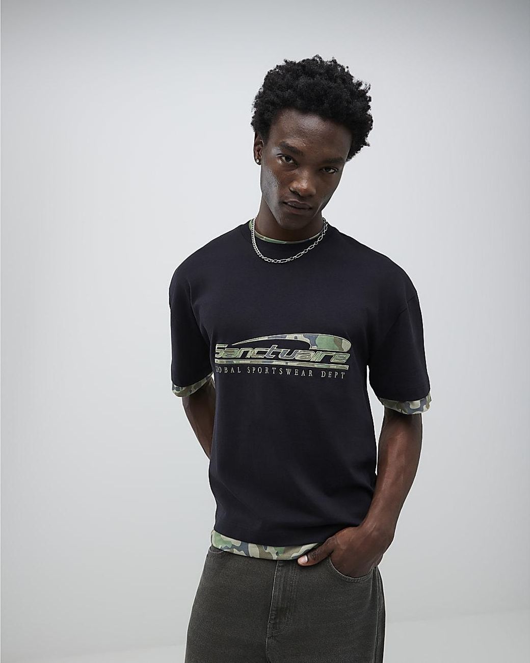 River Island Black T-Shirt Oversized Fit Camo Sanctuaire Cotton for men