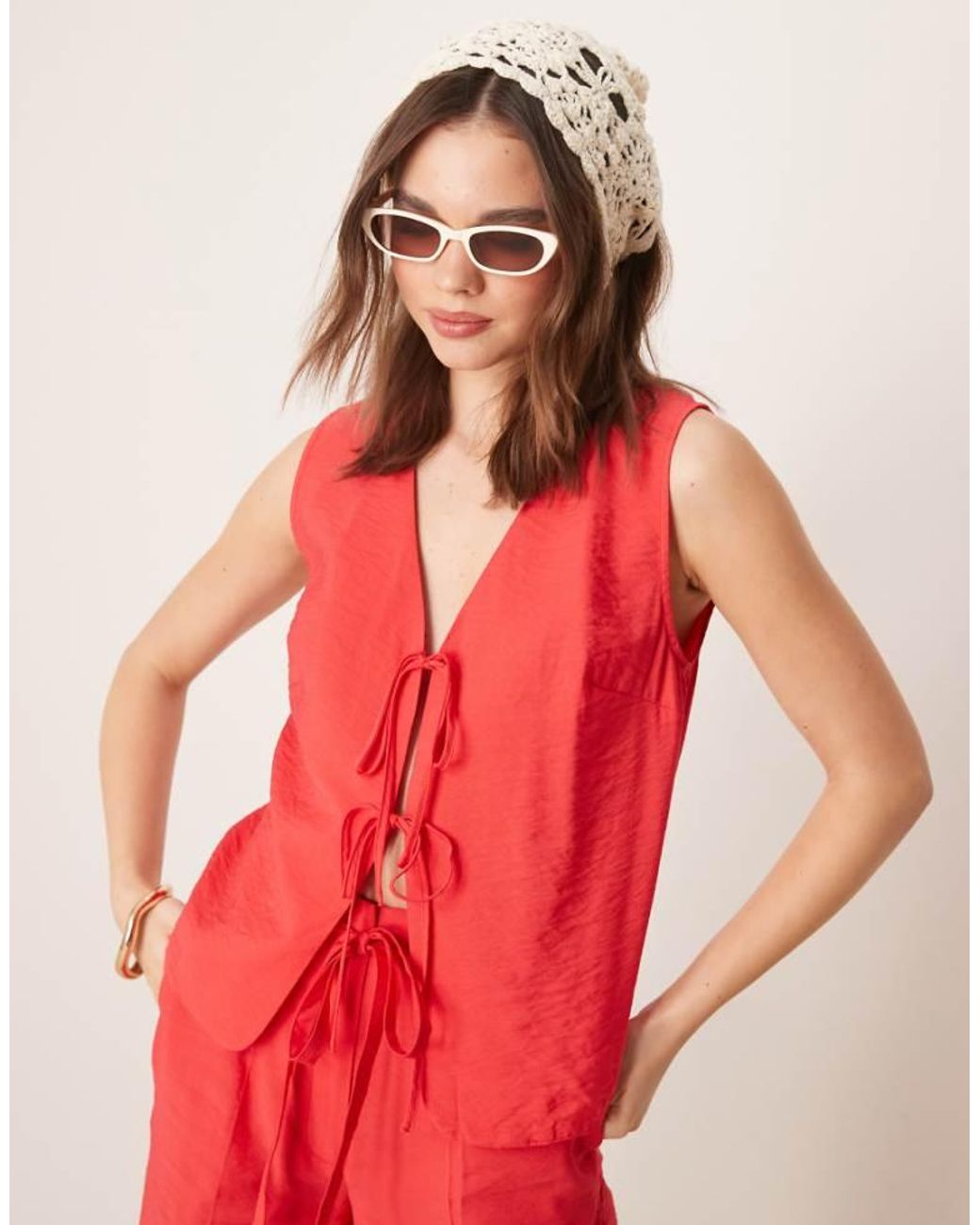 ASOS Red Linen Look Tie Front Top Co-Ord