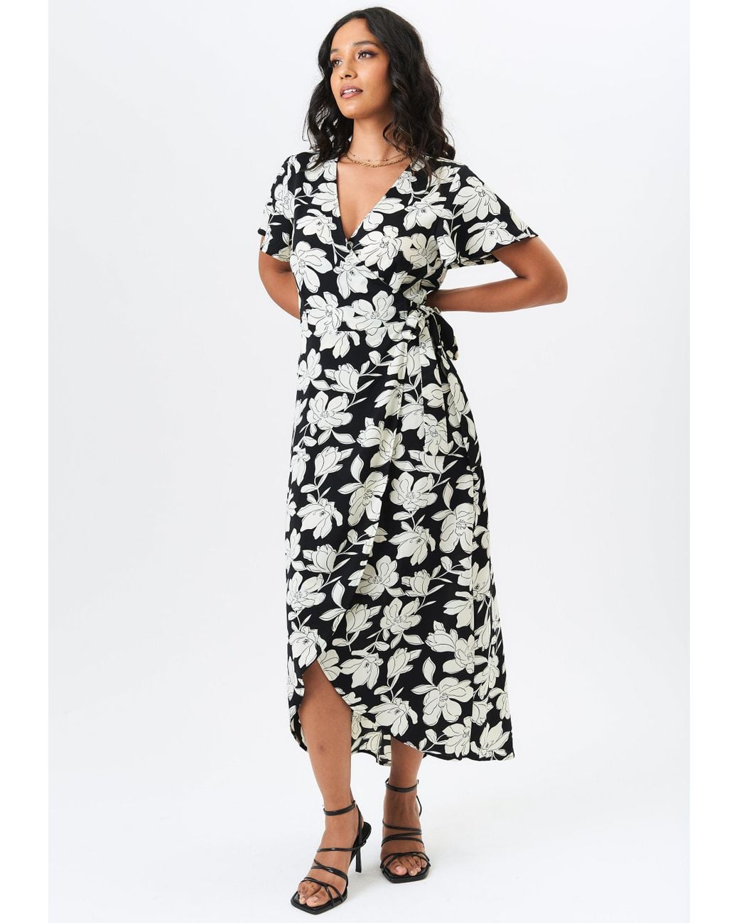Gini London White Floral Printed Wrap Midi Dress